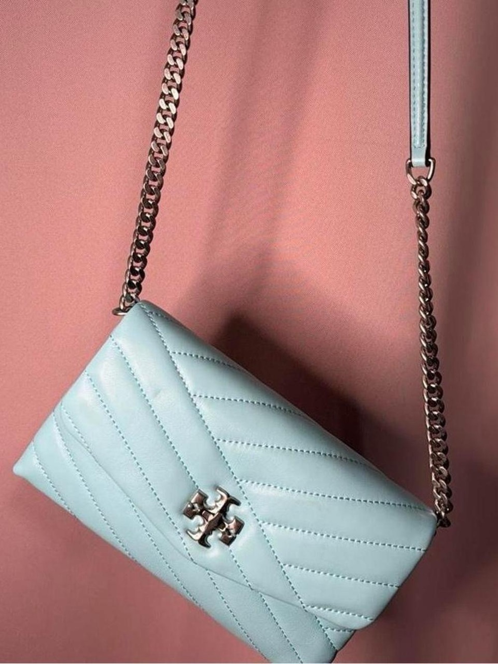 Tory Burch Sky Blue Quilted Leather Chain Crossbody